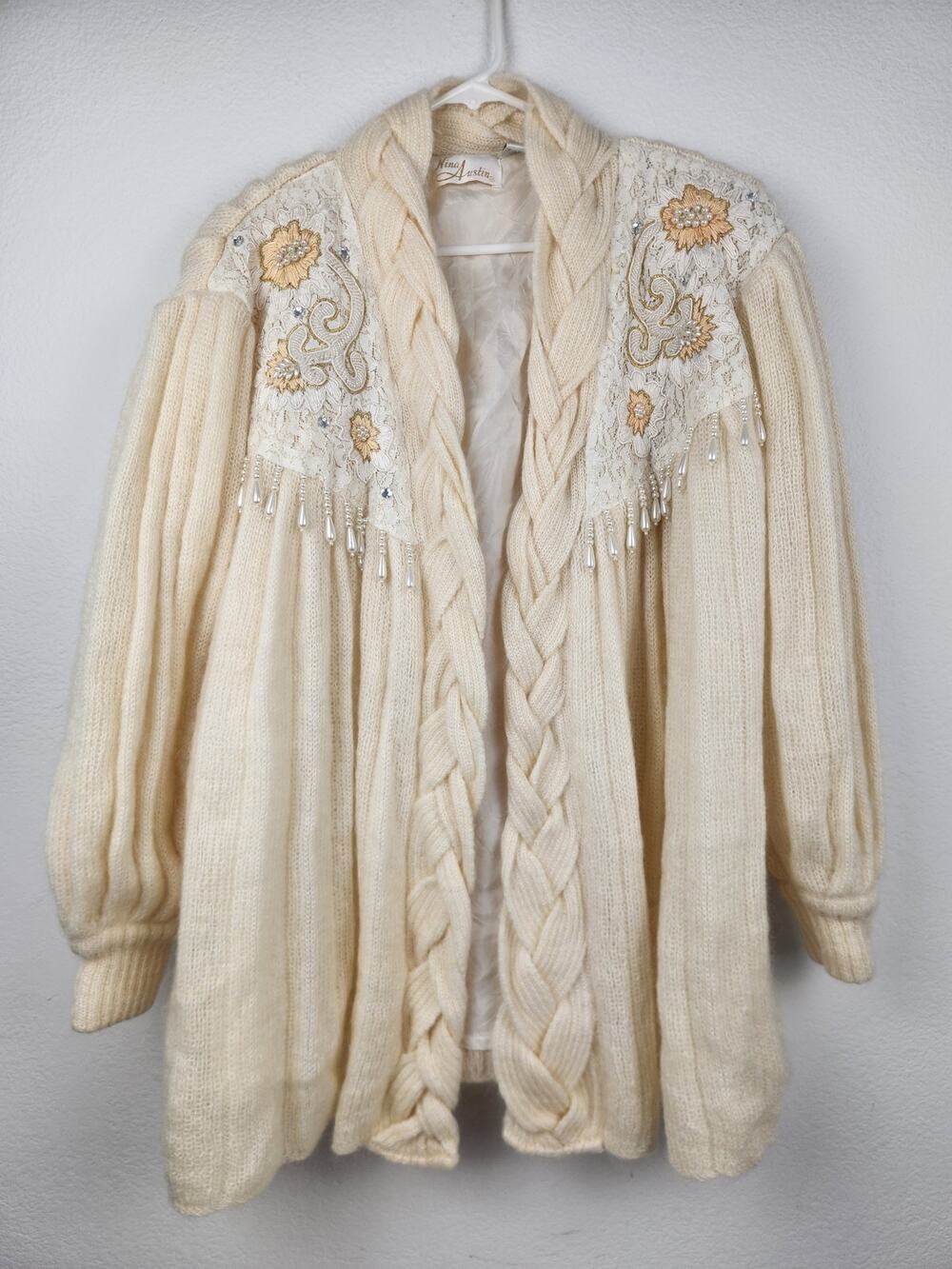 Vintage Nina Austin Cardigan Cream Medium Mohair Beaded Lace Lined
